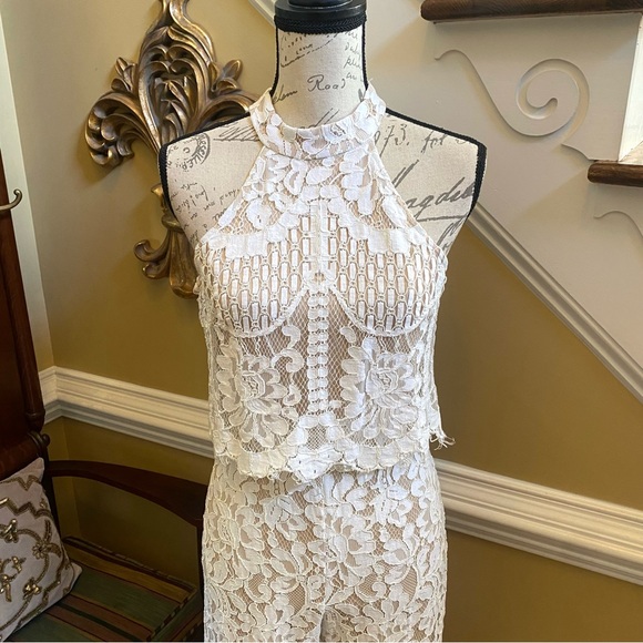 LuLu’s lace off white nude lined halter jumpsuit - Picture 7 of 11